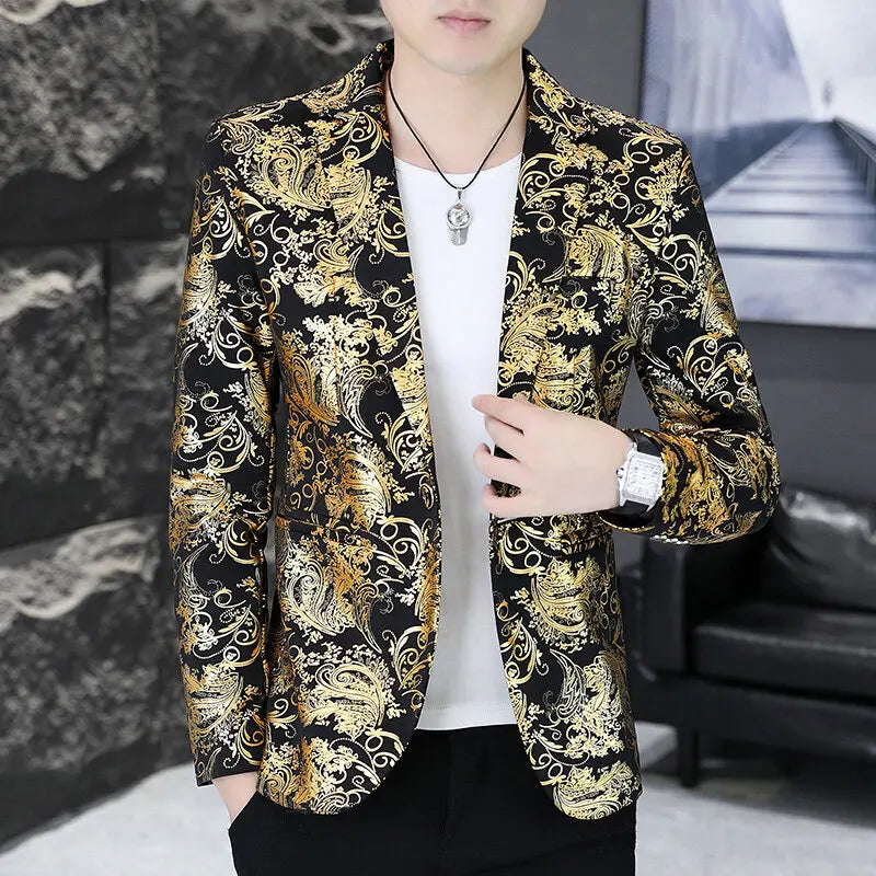 Autumn men's gold-embossed casual suit, Korean-style printed small suit, nightclub guy, hairstylist, and young cool jacket