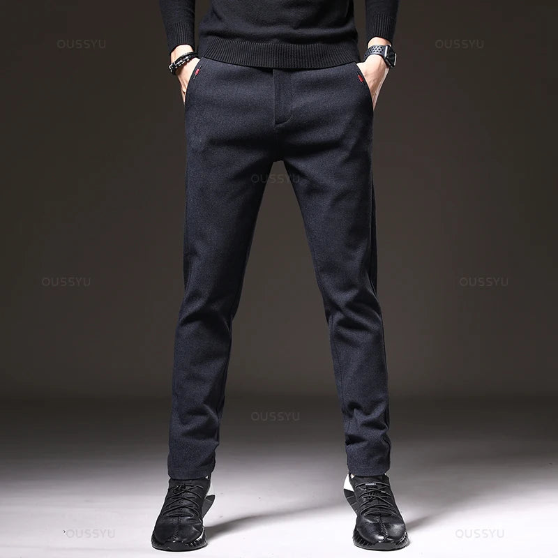 Brand Clothing Winter Fleece Thickening Warm Men's Brushed Fabric Casual Pants Business Slim Fit Velvet Cotton Trousers Male