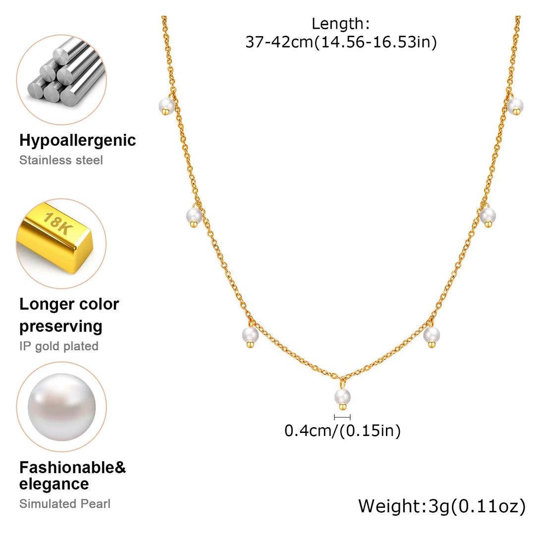 Pearl Choker Necklace for Women, 18K Gold Plated Stainless Steel Chain Necklace Adjustable, Everyday Jewelry Gift