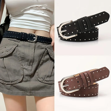 1pcs Women's Belt Retro Suede Rivet Belt Fashion Silvery Needle Buckle Belt Y2K Belts, Paired With Skirts, Jeans-For Ideal Gifts
