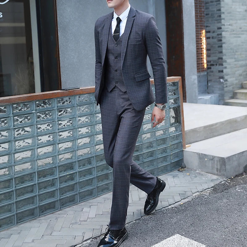 Men's Autumn Winter Trendy Three-Piece Suit Set Slim Fit Stylish Vest Trousers Ensemble Handsome Personality Wardrobe Essential