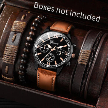 4PCS/Set Fashion Men Quartz Watch Bracelets Set Casual Leather Band Male's Business Watches Relogio Masculino（Without Box）