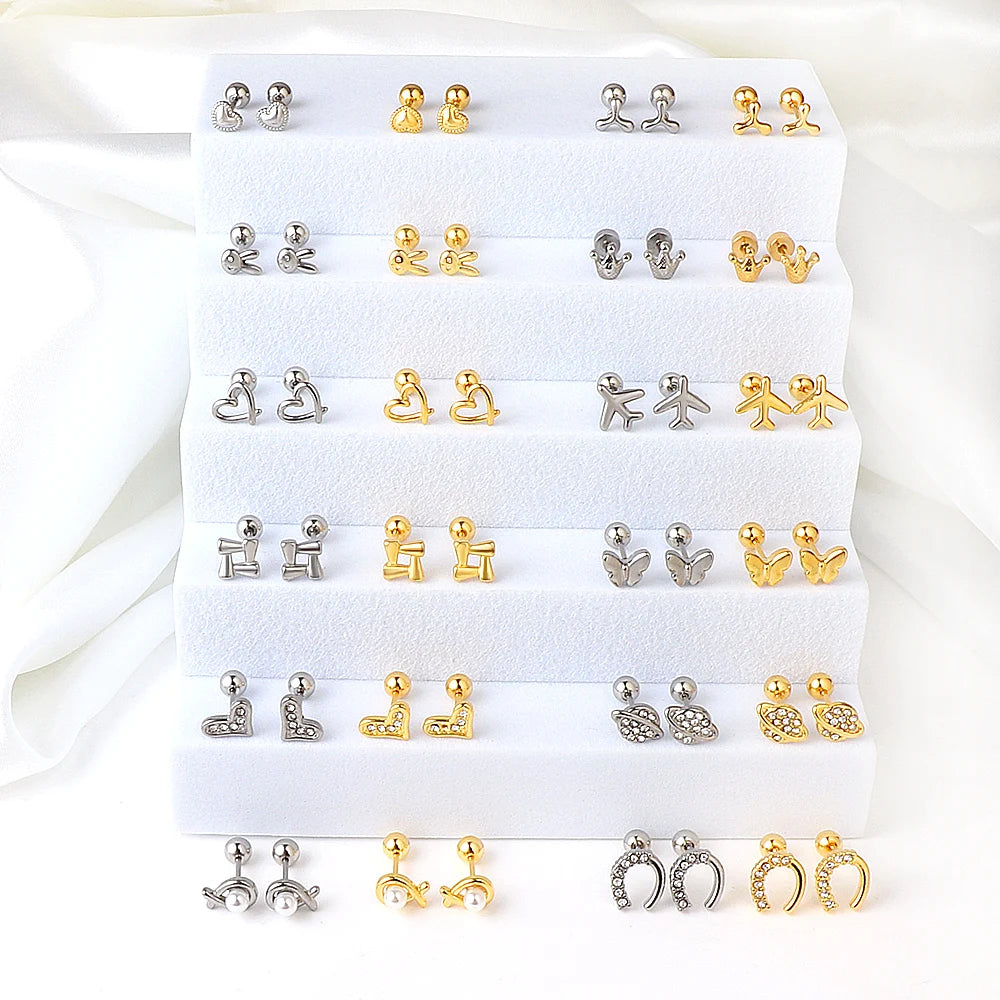 LUXUSTEEL Mini Cute Stainless Steel Stud Earrings Women Girls Heart Butterfly Rabbit Helix Ear Cartilage Piercing Jewelry Gifts
