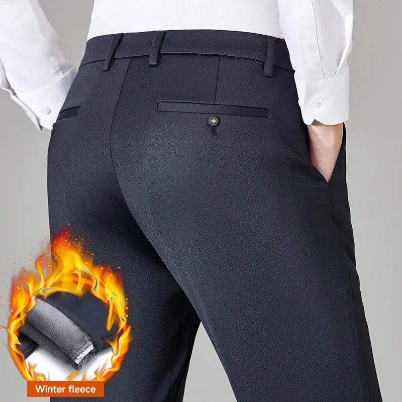 High Stretch Fabric Winter Fleece Warm Business Pants Men Elastic Waist Classic Work Office Formal Suit Trousers Plus Size 29-40
