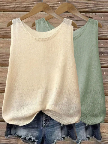 Solid Color Round Neck Semi-Transparent Simple Versatile Casual Loose Woolen Vest Two-Piece Set