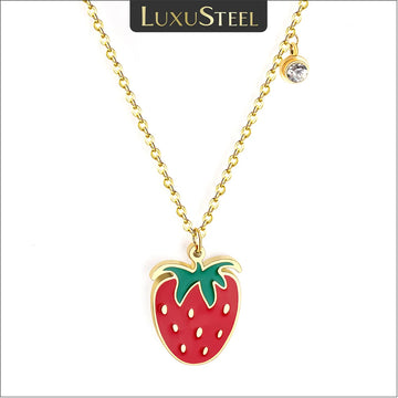 LUXUSTEEL Cute Crystal Strawberry Pendant Necklace for Women Girls Stainless Steel Waterproof Sweet Choker Birthday Gifts
