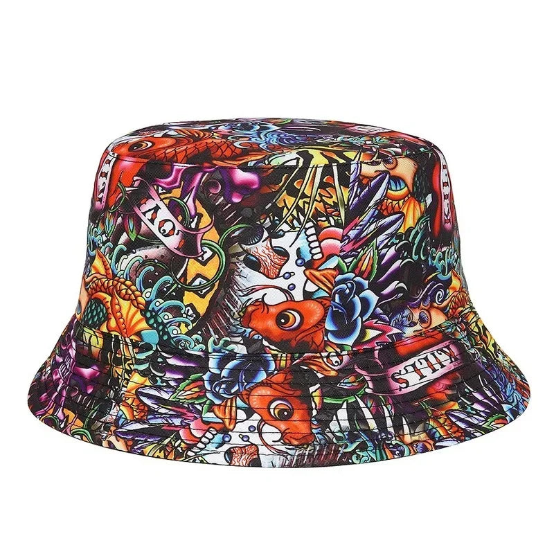 Summer Sun Protection Bucket Hat for Men Women Panama Cap Print Hip Hop Gorros Fishing Fisherman Hat Double Side Wear Fashion