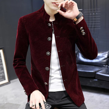 Men's coat with fleece and thickened, autumn and winter Korean-style Zhongshan suit, young and trendy, cool stand-up collar suit