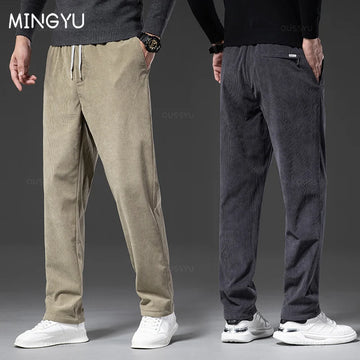 Autumn Winter Corduroy Pants Men Drawstring Elastic Waist Business Loose Straight Korea Thick Casual Trousers Male Oversized 5XL