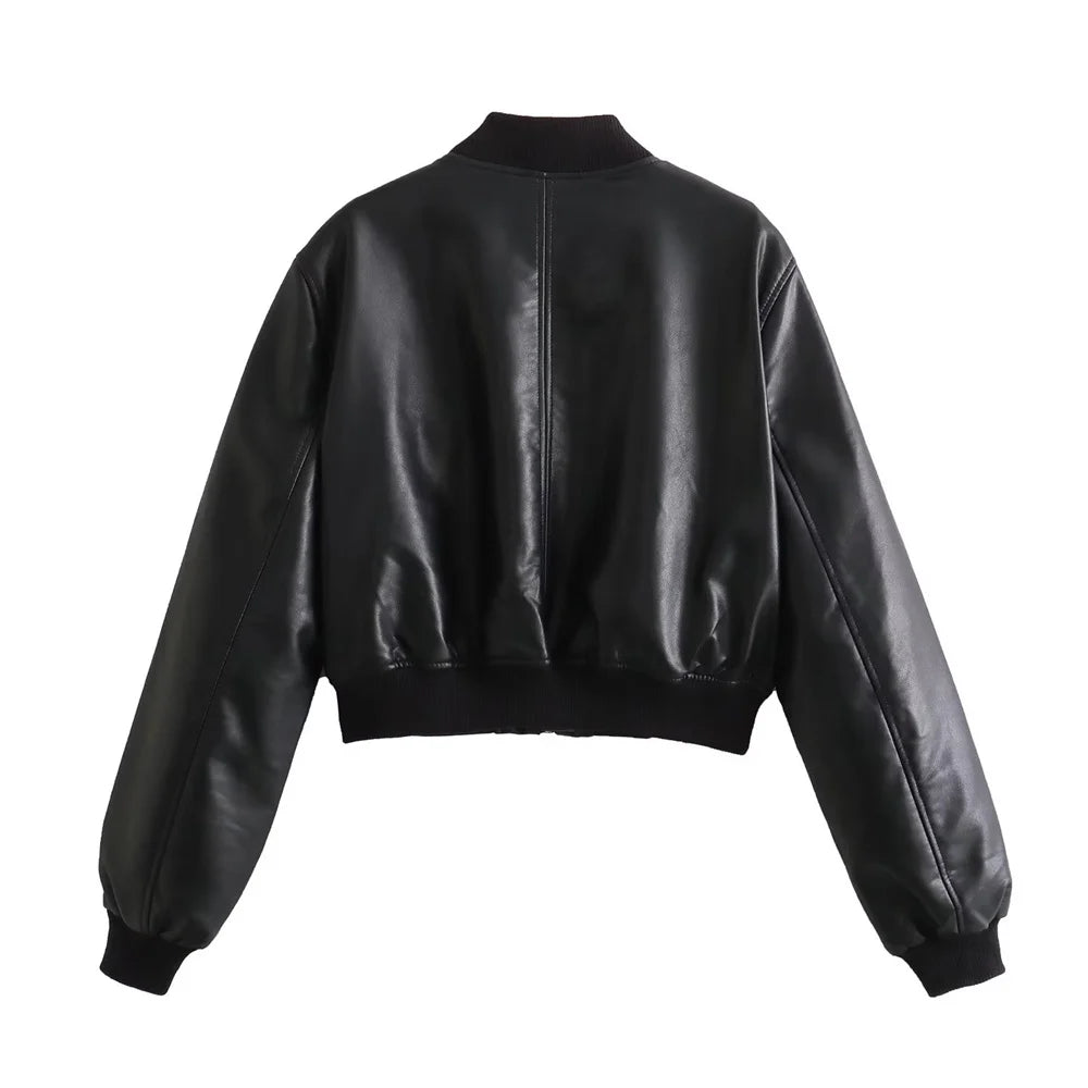 Autumn and Winter New Women's Fashion Versatile Short Motorcycle Faux Leather Pilot Jacket Coat Leather Coat