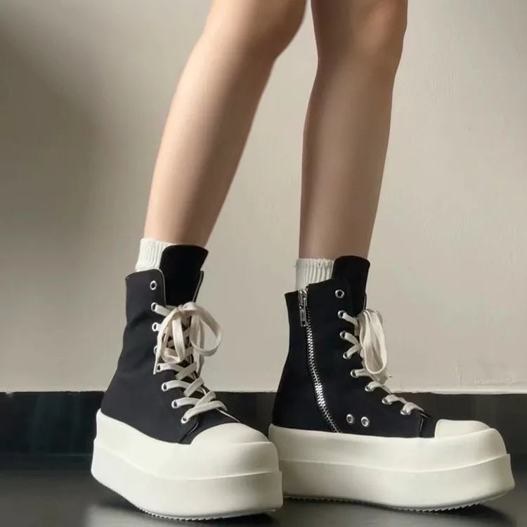 Women's high-top canvas shoes with thick soles and platform heels, new style 2025, trendy and casual sneakers for summer and aut
