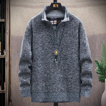 Men's Knit Pullover Sweater Autumn Winter Knitwear Solid Color Fleece Lined Warm Comfortable Sweater