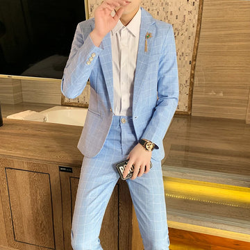 Autumn 2024 Men's Slim Fit Checkered Two-Piece Suit Korean Style Handsome Fashion Suit And Trousers Set
