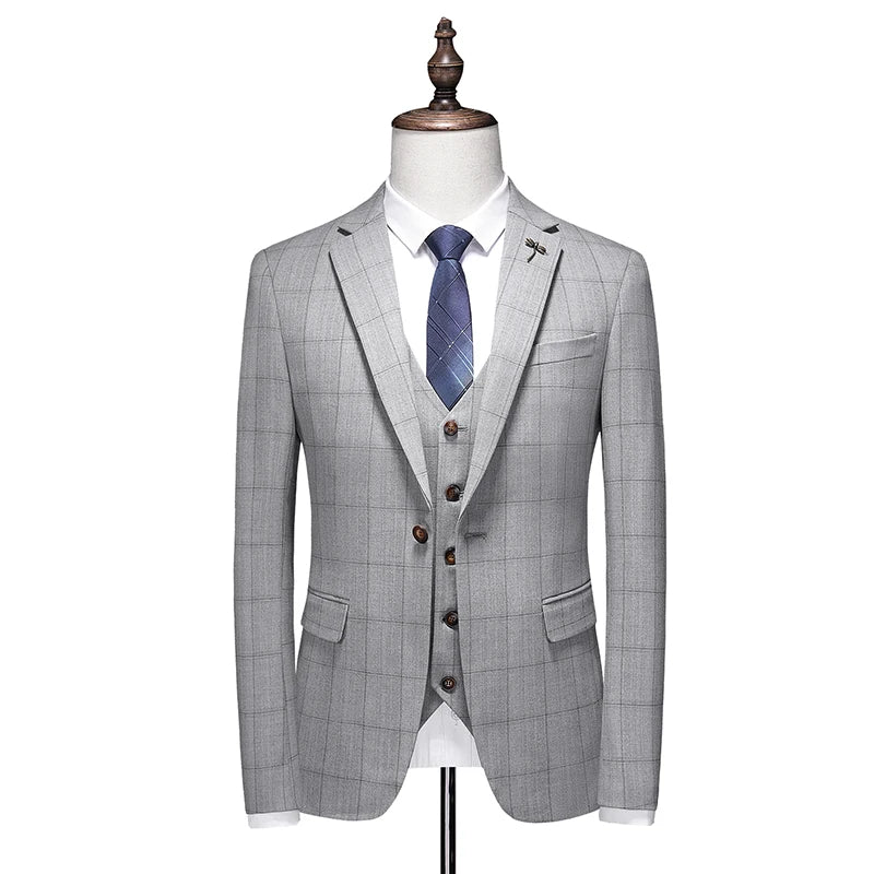 Business Casual Plaid (suit + Vest + Trousers) High-end Fashion Handsome Button Suit Korean Version Slim-fit Three-piece Set