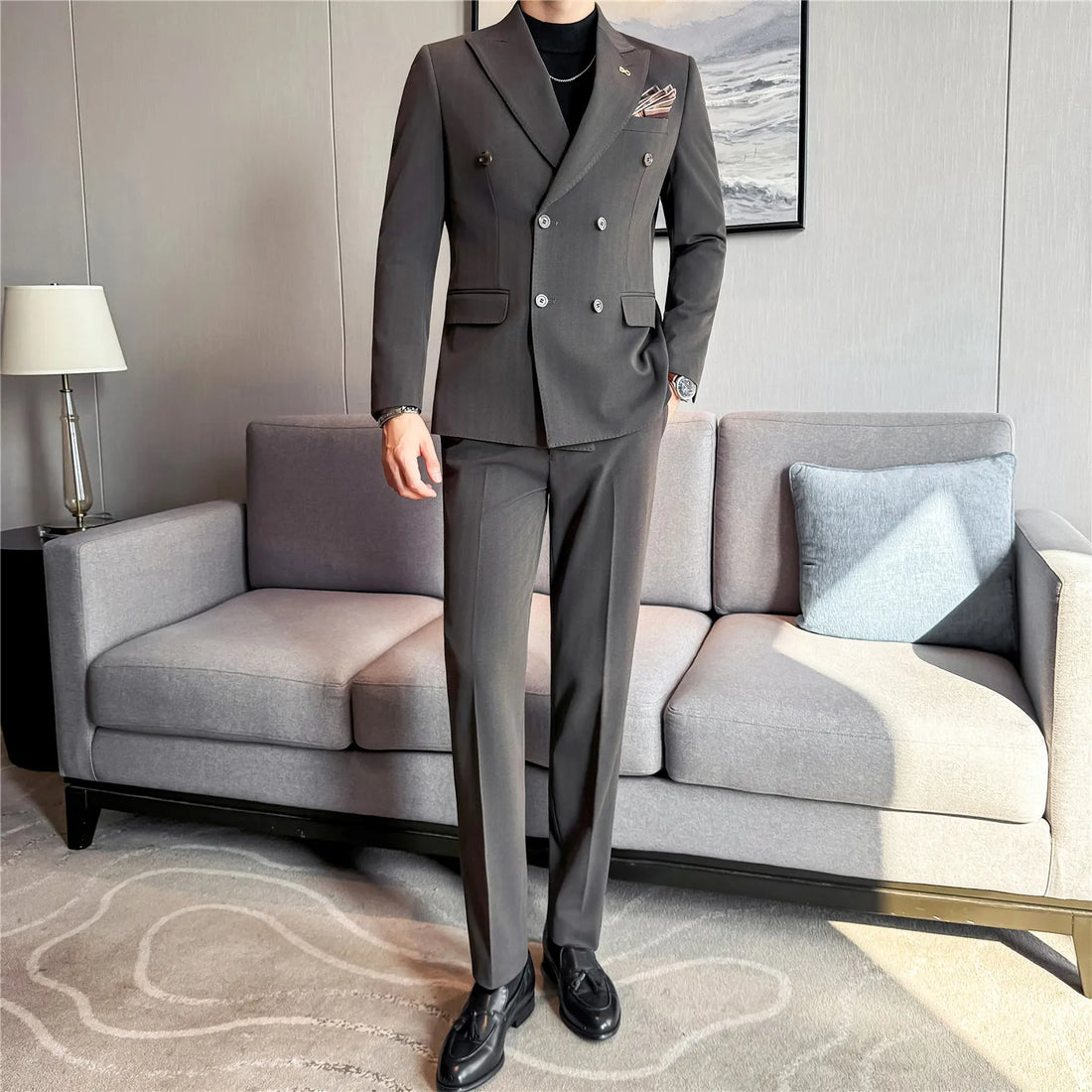 High-quality wedding casual haute couture dark striped fabric double-breasted suit two-piece suit and trousers set