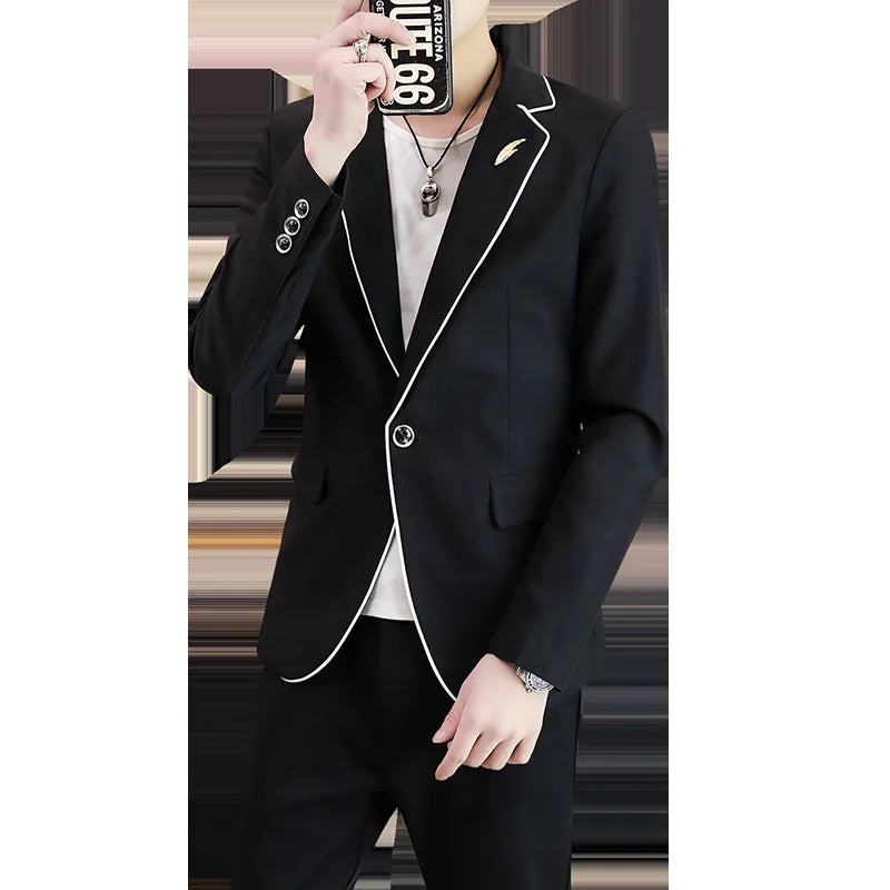 Autumn Mens Slim Fit Korean Style Business Suit Two-Piece Set Solid Color Fashionable And Handsome Trendy Hairstylist Collection
