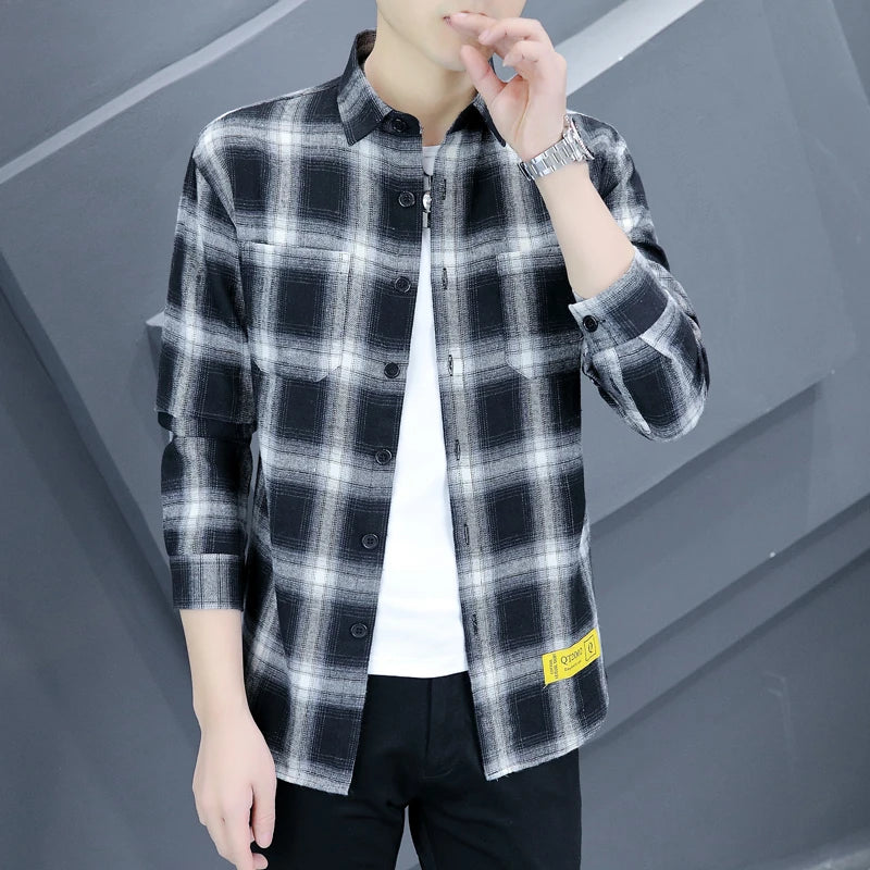 High-quality, fashionable, cool, versatile and trendy business casual autumn teenagers' versatile checked long-sleeved shirt for