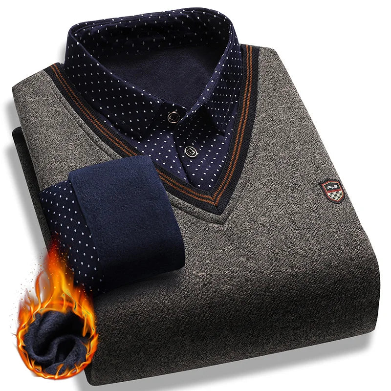 Men's Fleece Lining Sweater Autumn Winter Pullover Polo Shirt Collar Fake Two Piece Thick Warm Top Clothes Casual Knitwear