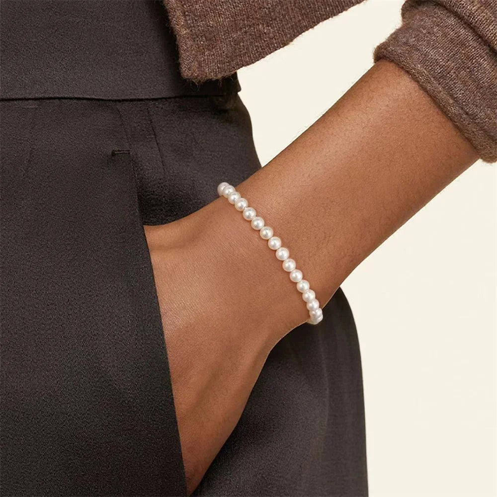 Simple Retro Imitation Pearls Bracelet For Women Stretch Acrylic Bead Men Bracelet Fashion Party Jewelry Pearl Wristband Gift