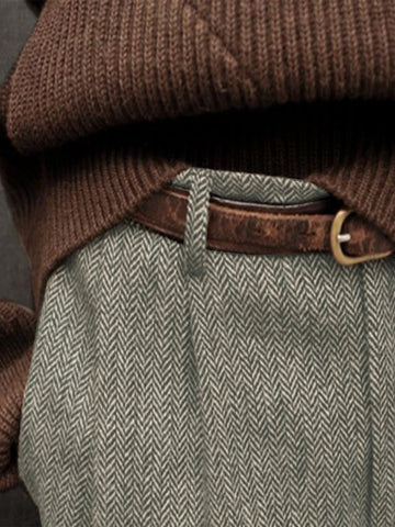 Fall Winter New Elegant Italian Neapolitan Tweed Fabric Men's High Waist Straight Leg Suit Pants with Button Pleats And Check Pa