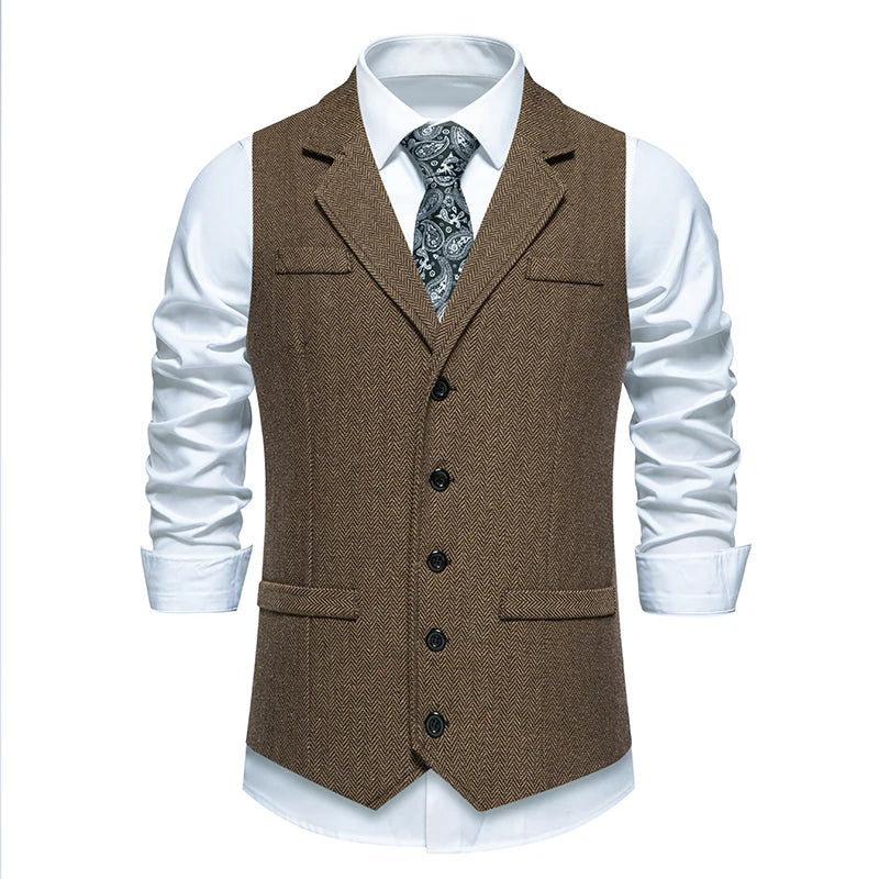 2024 Spring/summer New Men's Suit Vest with Herringbone Fabric Splicing Satin Single Breasted Fake Pocket Formal Vest