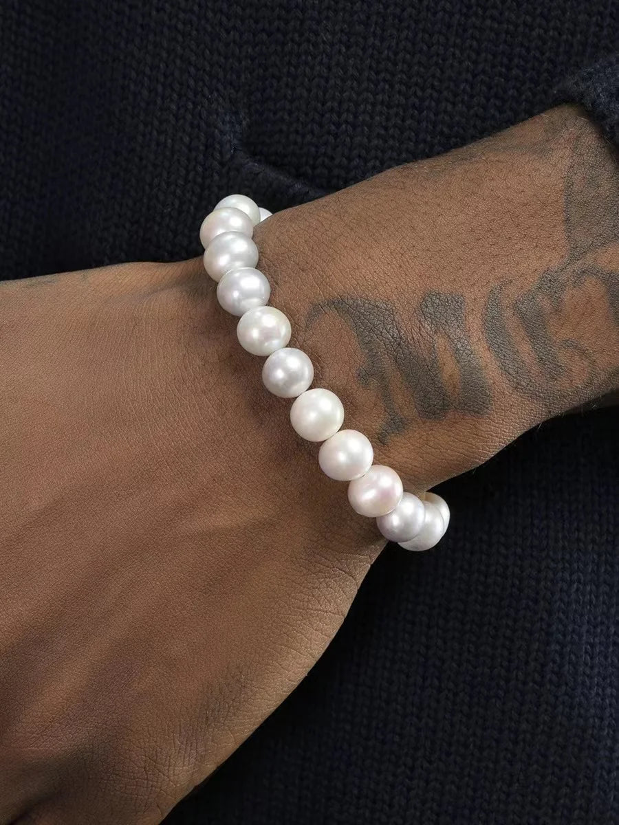 10mm Elastic Imitation Pearl Bracelet for Men Simple White Acrylic Bracelet For Women Hip Hop Fashion Jewelry Accessories
