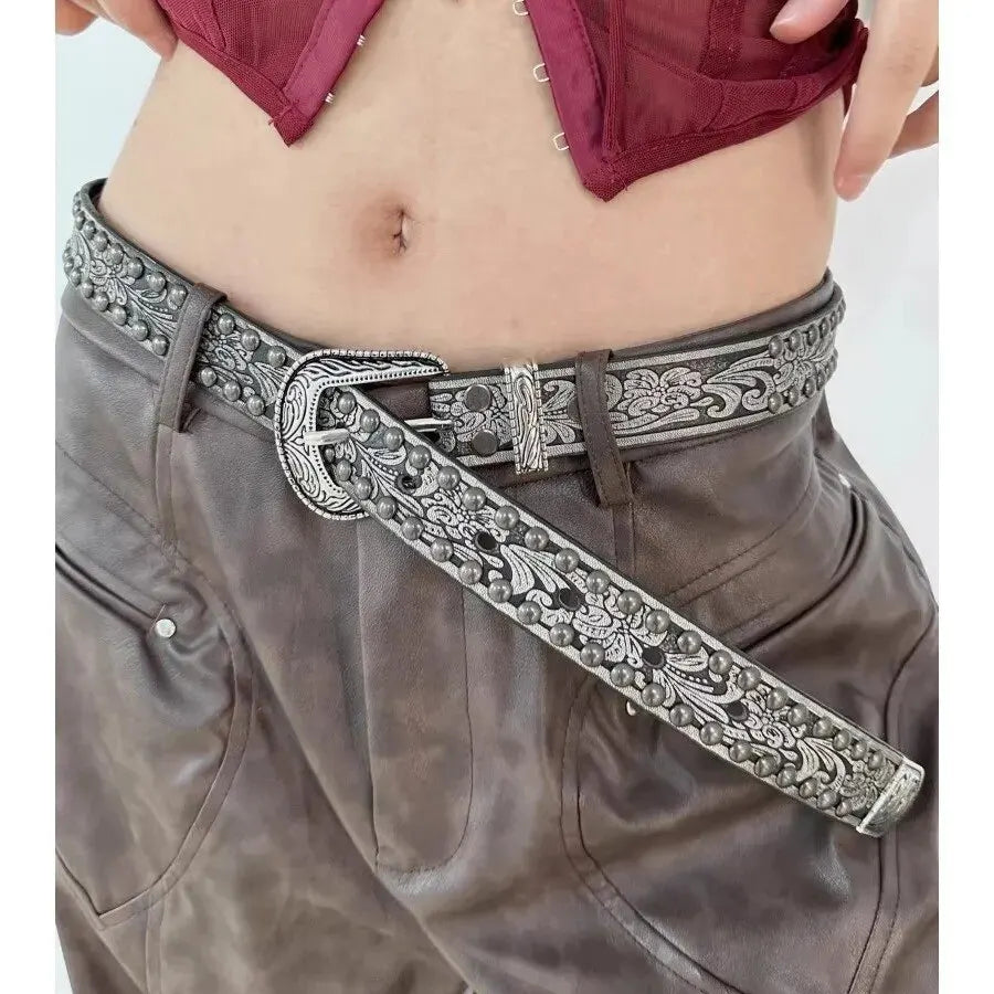 1pc Women's Retro Carved Alloy Needle Buckle Belt Men's Round Rivet Belt Punk Rock Jeans Belt PU Leather Belt For Men Women Belt