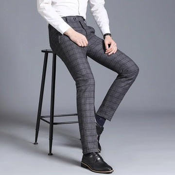 [Business style] Autumn and winter new fashion handsome men's dress pants business plaid straight leg loose casual slim pants