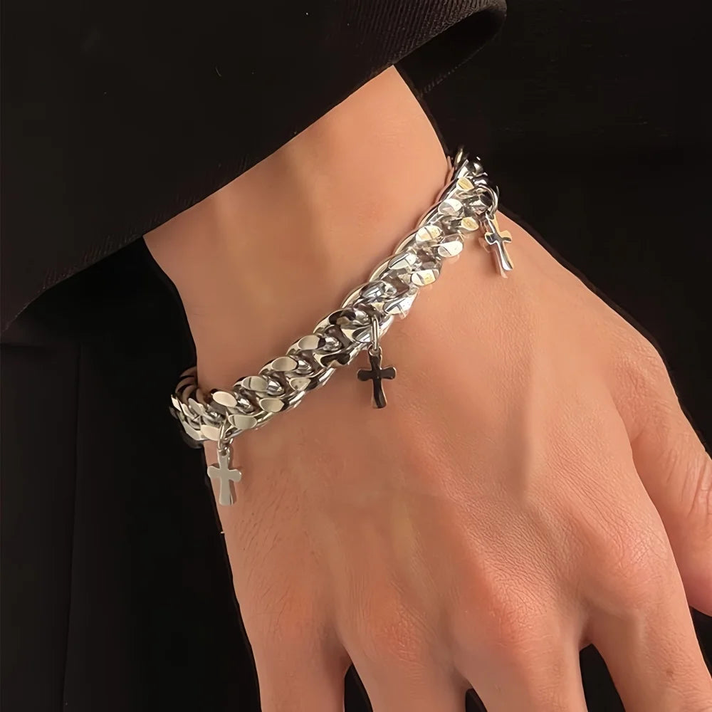 Hip Hop Raw Cuban Chain Men Bracelet Silver Color Stainless Steel Cross Tassel Bracelet Fashion Trendy Jewelry Accessories