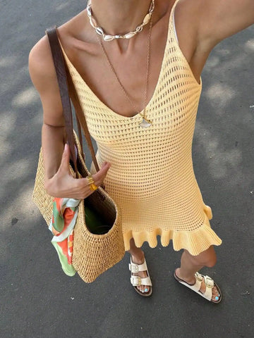 Spring and summer thin women's V-neck solid color hollow out ruffle edge slim fit woolen dress