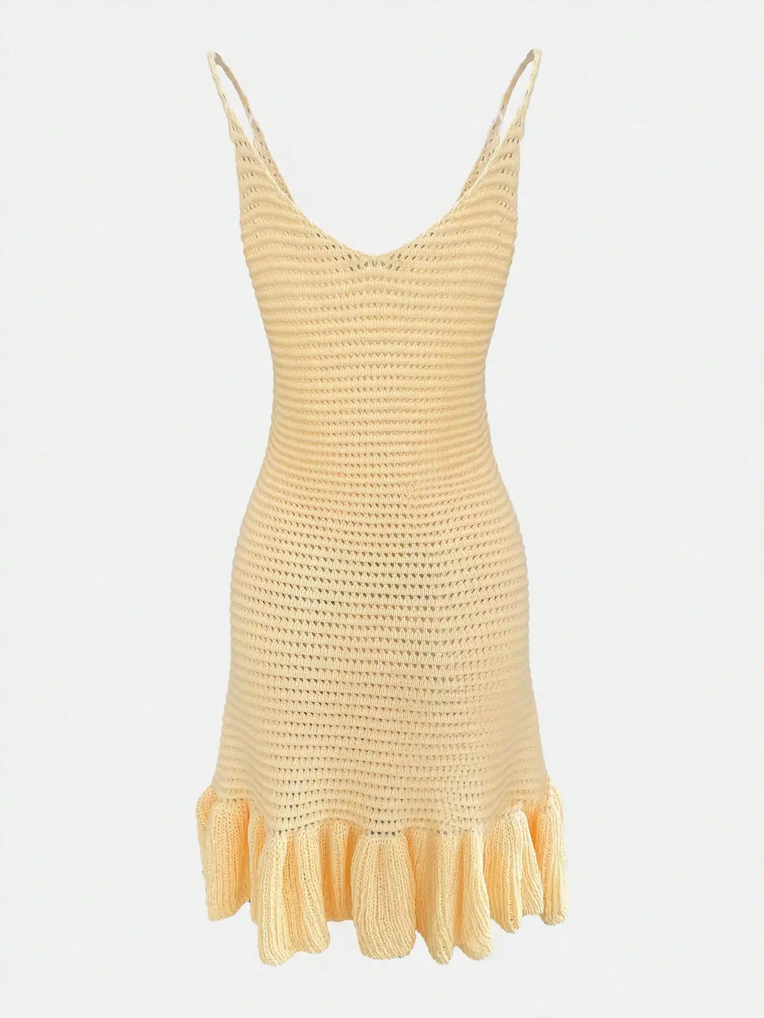 Spring and summer thin women's V-neck solid color hollow out ruffle edge slim fit woolen dress