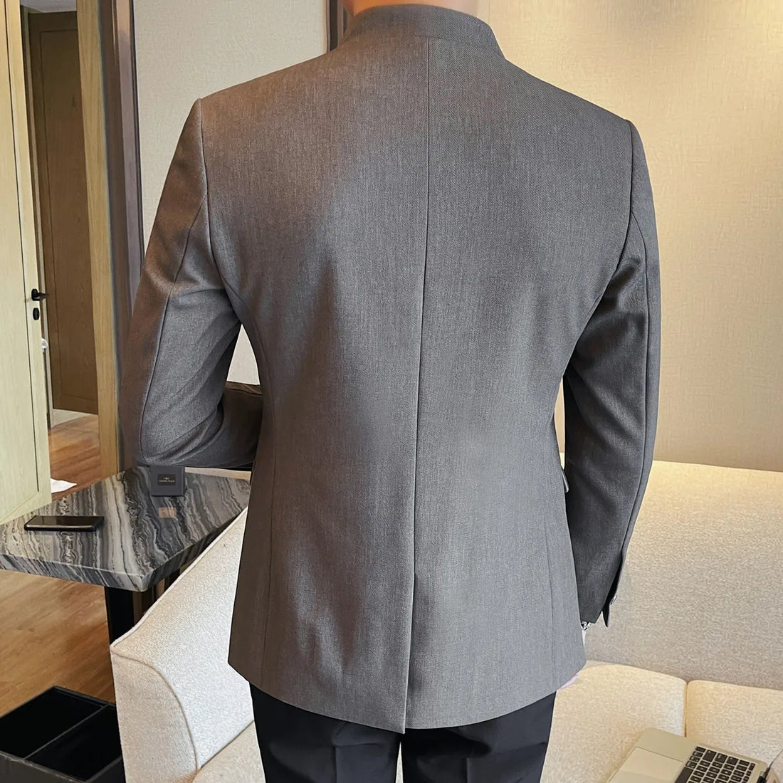 High-quality Chinese-style stand-up collar men's long-sleeved suit, new stand-up collar slim and elastic no-iron suit