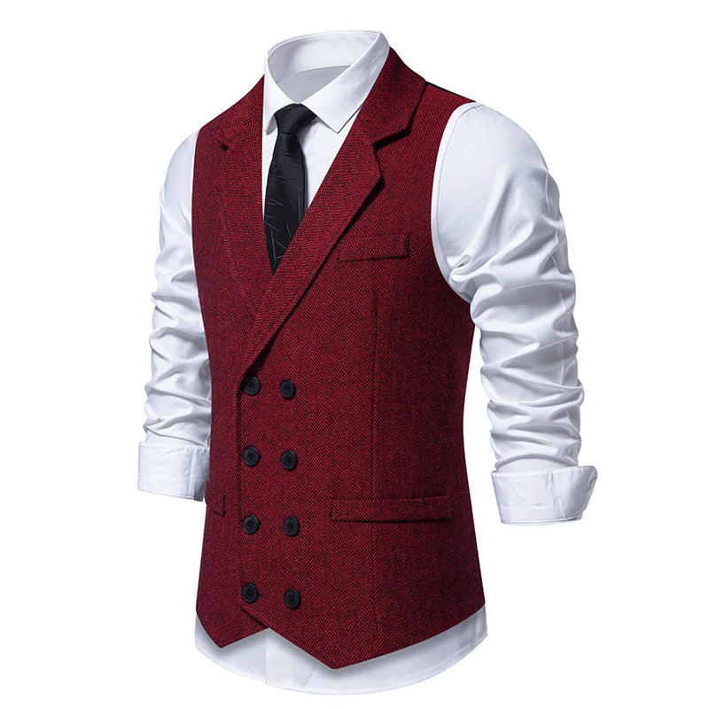 Autumn New Men's Herringbone Stitched Satin Inner Vest Business Casual Formal Suit Fake Pocket Vest Double Breasted Suit Vest