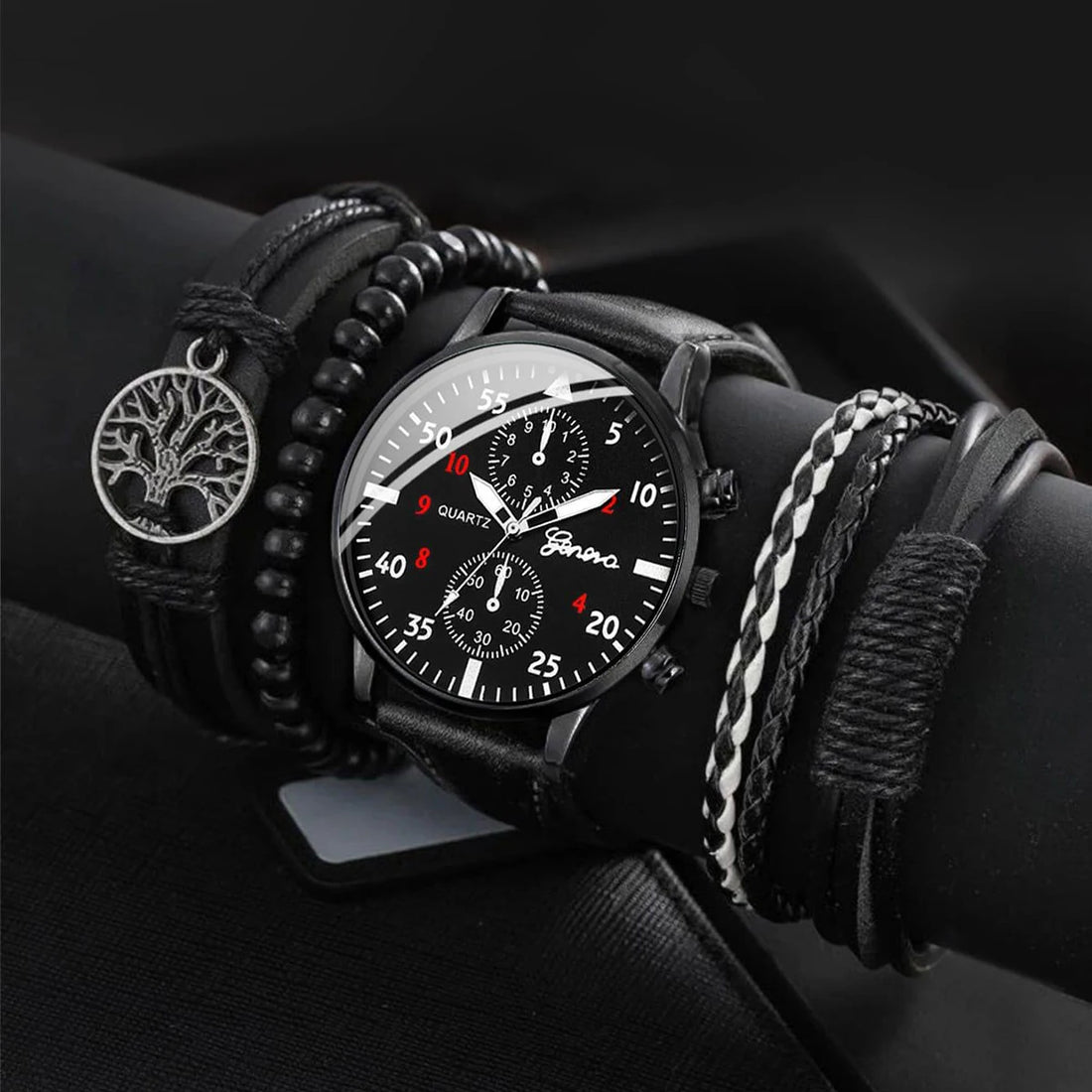 5PCS/4PCS Fashion Men's Business Watches Casual Leather Band AnalogQuartz Watch Vintage Bracelet Set（Without Box）