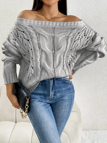 Off-Shoulder One-Shoulder Solid Color Loose Long-Sleeved Woolen Top