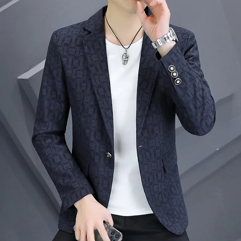 Men's Slim Fit Plaid Suit Single Breasted Formal Coat Fashion Spring Autumn New 2024 Handsome Young Small Size