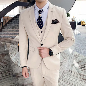 Men's Autumn Winter Three-Piece Suit Vest Trousers Set Slim Fit Solid Color Korean British Style Wedding Business Leisure