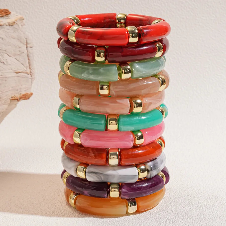 Multi-style Leopard Print Bamboo Tube Acrylic Stretchy Bracelets for Women Men Retro Resin Beaded Bangles Stack Jewelry Gift K1