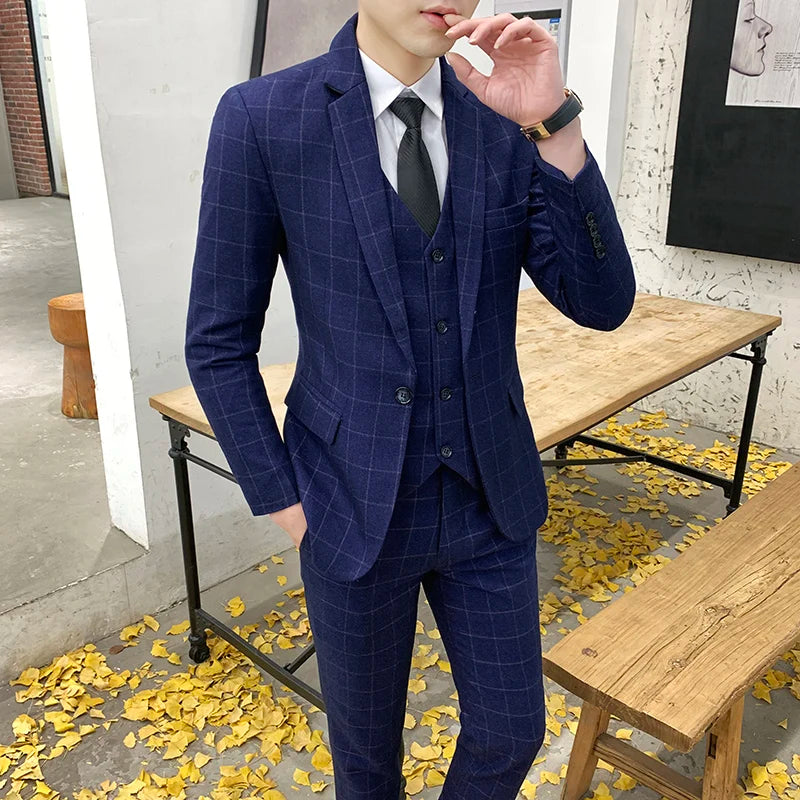 2024 new style (suit + vest + trousers) Fashion business formal Korean version slim men's suit trend gentleman three-piece set