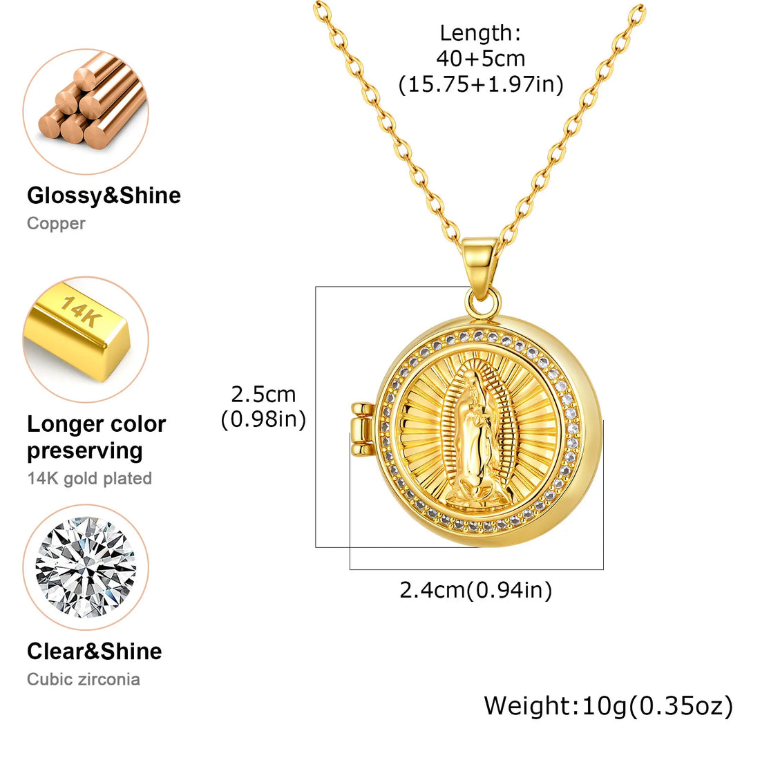 Round Zircon Virgin Mary Locked Pendant Necklace for Women, No Photo, Adjustable Link Jewelry