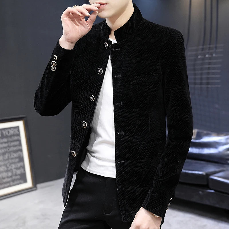 Men's coat with fleece and thickened, autumn and winter Korean-style Zhongshan suit, young and trendy, cool stand-up collar suit