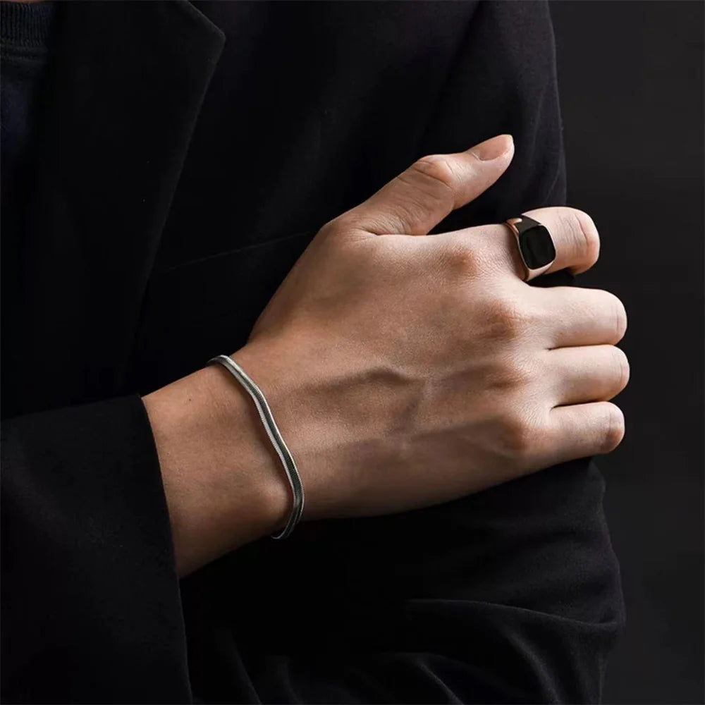 Silver Color Stainless Steel Flat Snake Chain Bracelet Hip Hop Simple Men Bracelet Fashion Jewelry Bracelet For Women