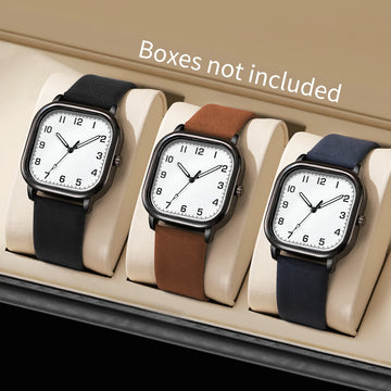 3PCS Men Business Watches Fashion Square Arabic Dial Quartz Watch Casual Leather Band Wristwatches for Men Clock（Without Box）