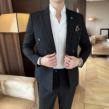 High-quality autumn stylish and cool business casual striped suit set, Korean-style British gentleman suit two-piece set