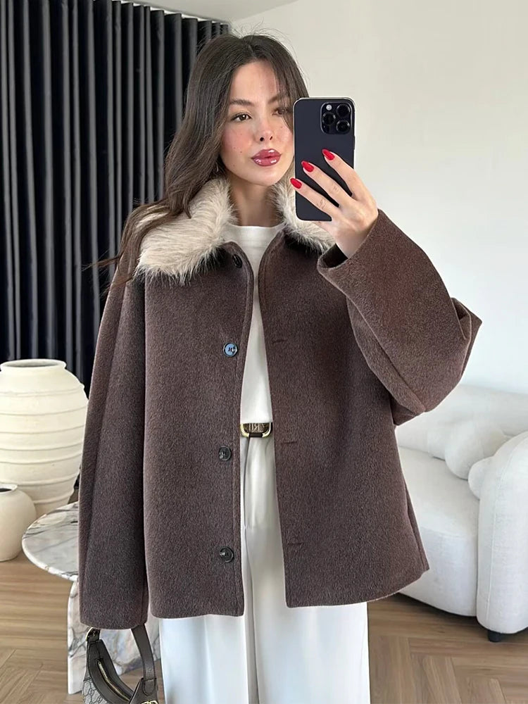 Women's Coat 2025 Autumn Winter Fashion Long-Sleeve Faux Fur Collar Simple Jacket Casual Fashion Versatile New Outerwears ﻿
