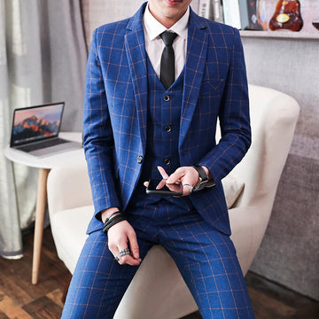Slim Fit Three-Piece Suit Set Casual Fashion Business British Style Youthful Handsome Korean Version Vest Trousers Included