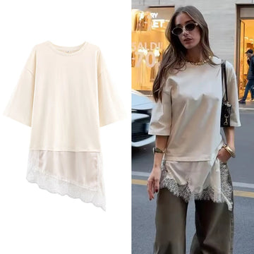 Women's T-Shirts Spring Autumn Fashion Lace Hem T Shirts for Women Asymmetry Streetwear Long Sleeve Slim Casual Tops
