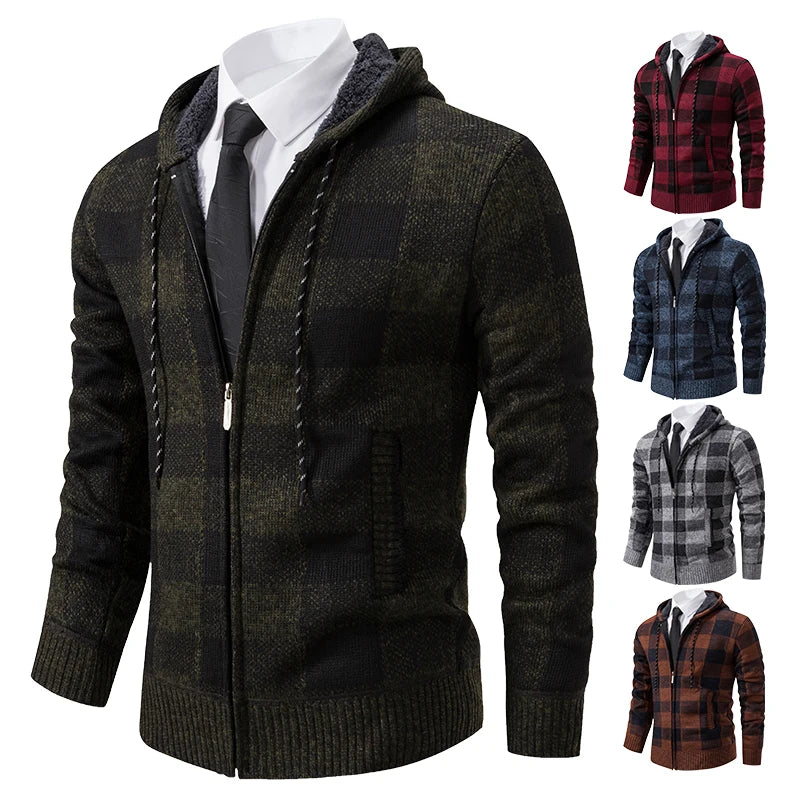 Autumn Winter Men's Cardigan Fashion Plus Velvet Padded Knit Jumpers Male Sweater Hooded Plaid Korean Luxury Brand Coat