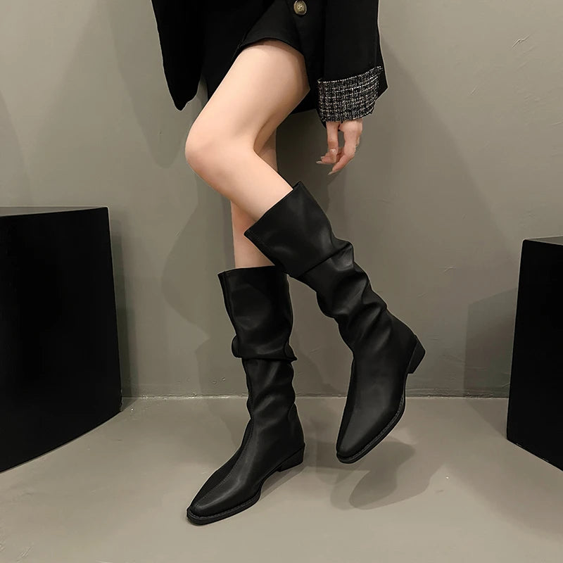 Winter new pointed toe boots for Women fashionable and retro long boots available in multiple colors mid-calf length 2025 Style.