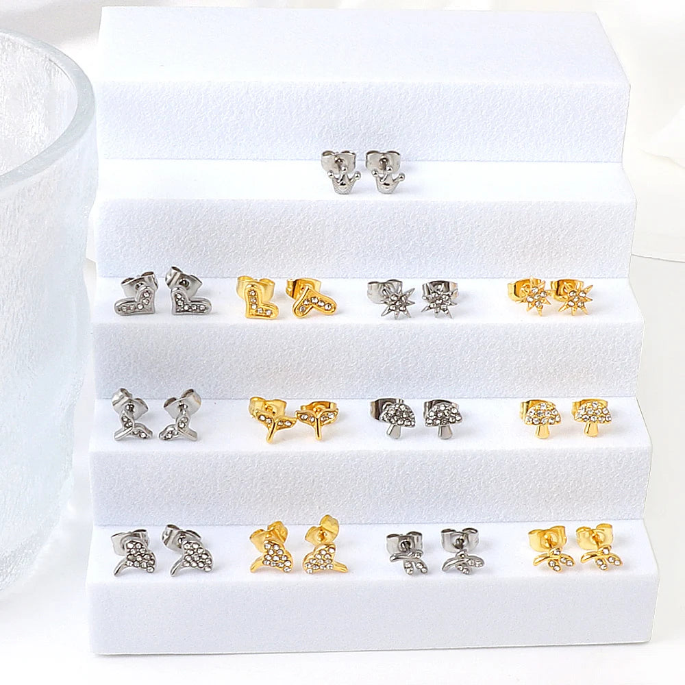 LUXUSTEEL Cute Micro Cubic Zircon Heart Plant Leaf Mushroom Stud Earrings For Women Girl Stainless Steel Bead Screw Ear Piercing